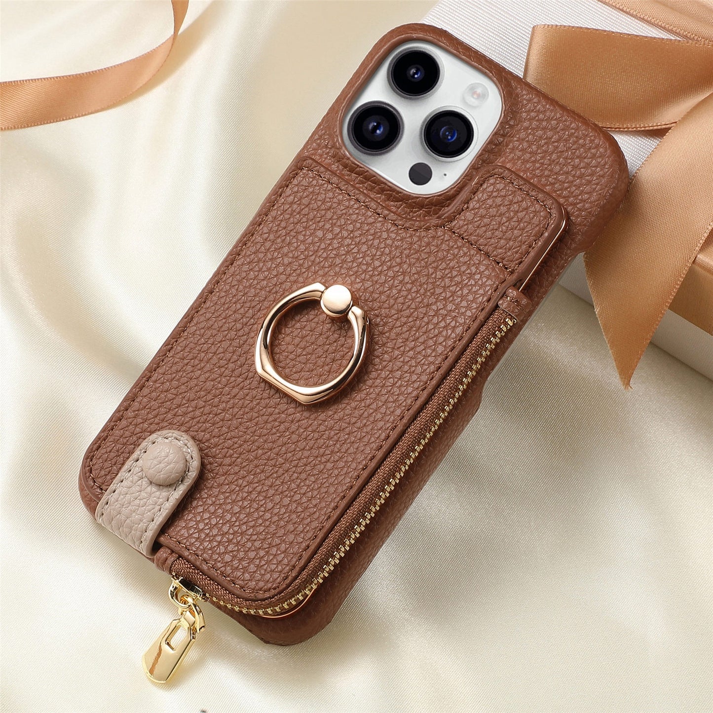 Luxury Leather Wallet Case with Ring Holder & Zipper Pouch | Compatible With iPhone X , iPhone 11, iPhone 12, iPhone 13, iPhone 14, iPhone 15, iPhone 16