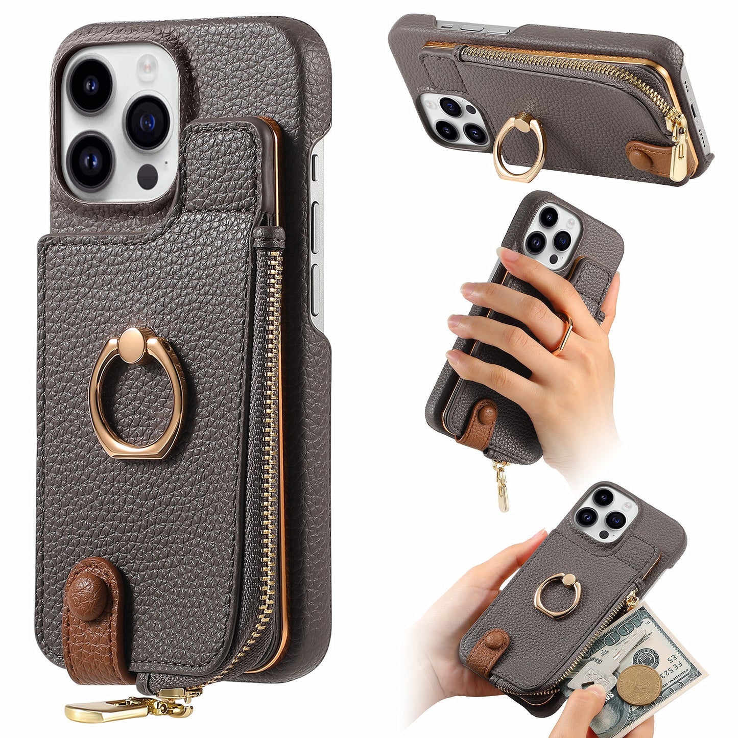 Luxury Leather Wallet Case with Ring Holder & Zipper Pouch | Compatible With iPhone X , iPhone 11, iPhone 12, iPhone 13, iPhone 14, iPhone 15, iPhone 16