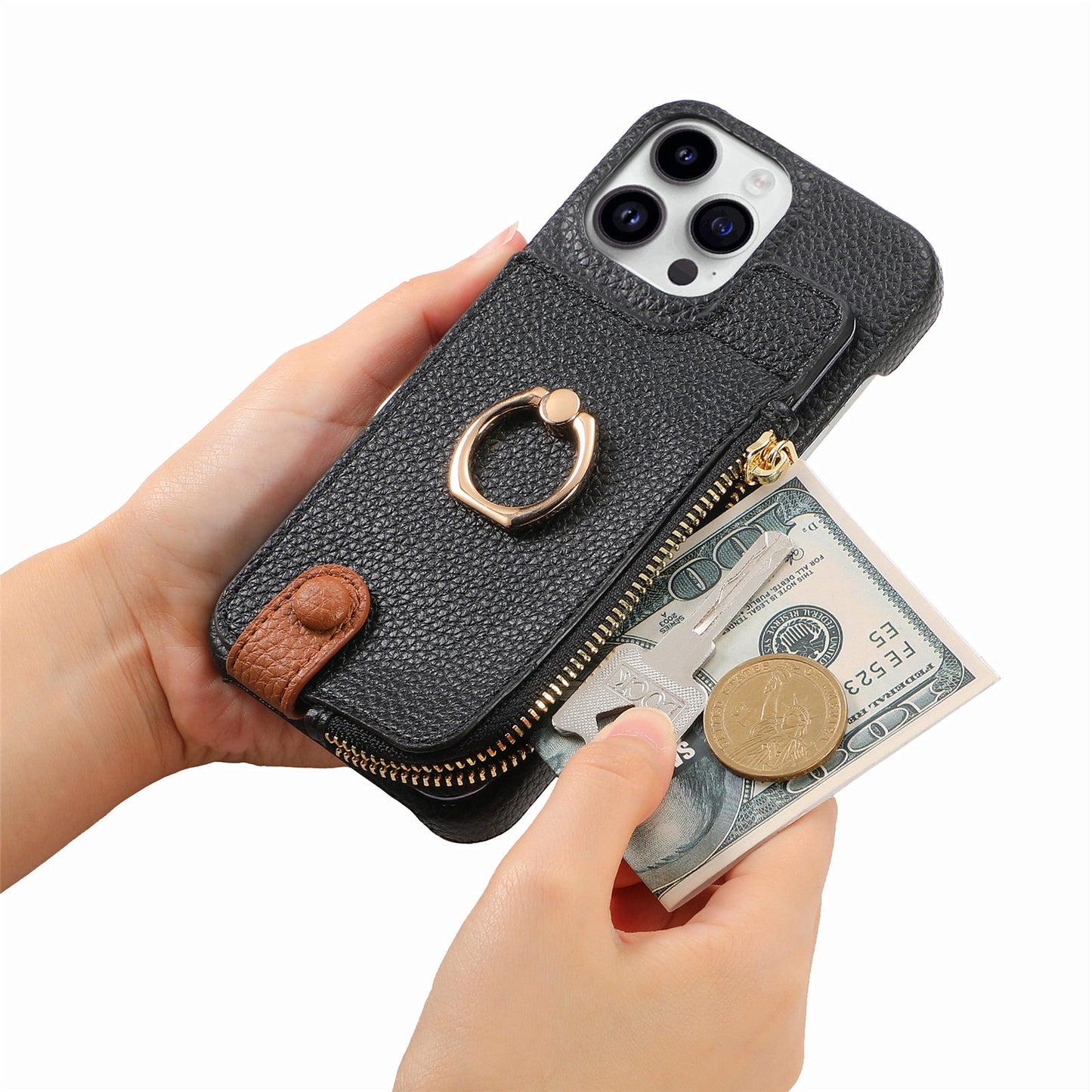 Luxury Leather Wallet Case with Ring Holder & Zipper Pouch | Compatible With iPhone X , iPhone 11, iPhone 12, iPhone 13, iPhone 14, iPhone 15, iPhone 16