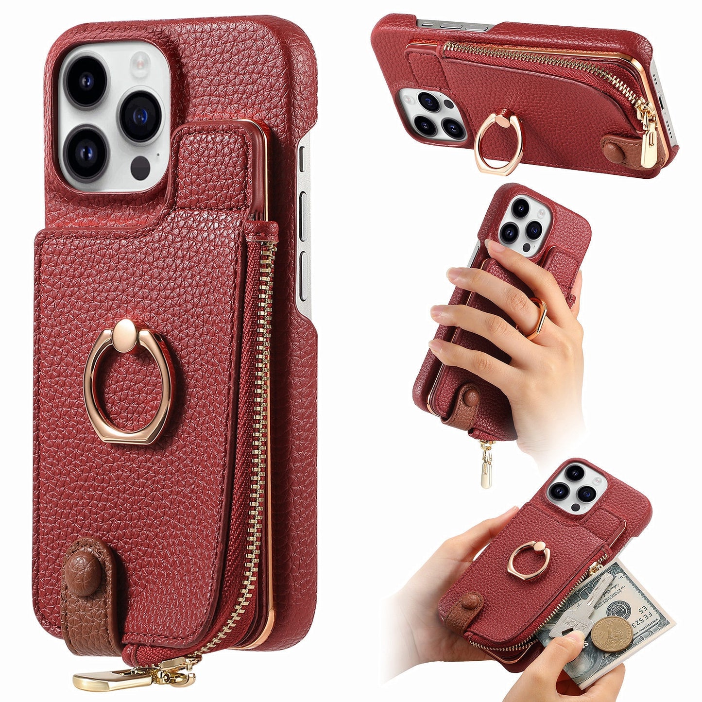 Luxury Leather Wallet Case with Ring Holder & Zipper Pouch | Compatible With iPhone X , iPhone 11, iPhone 12, iPhone 13, iPhone  14, iPhone 15, iPhone 16