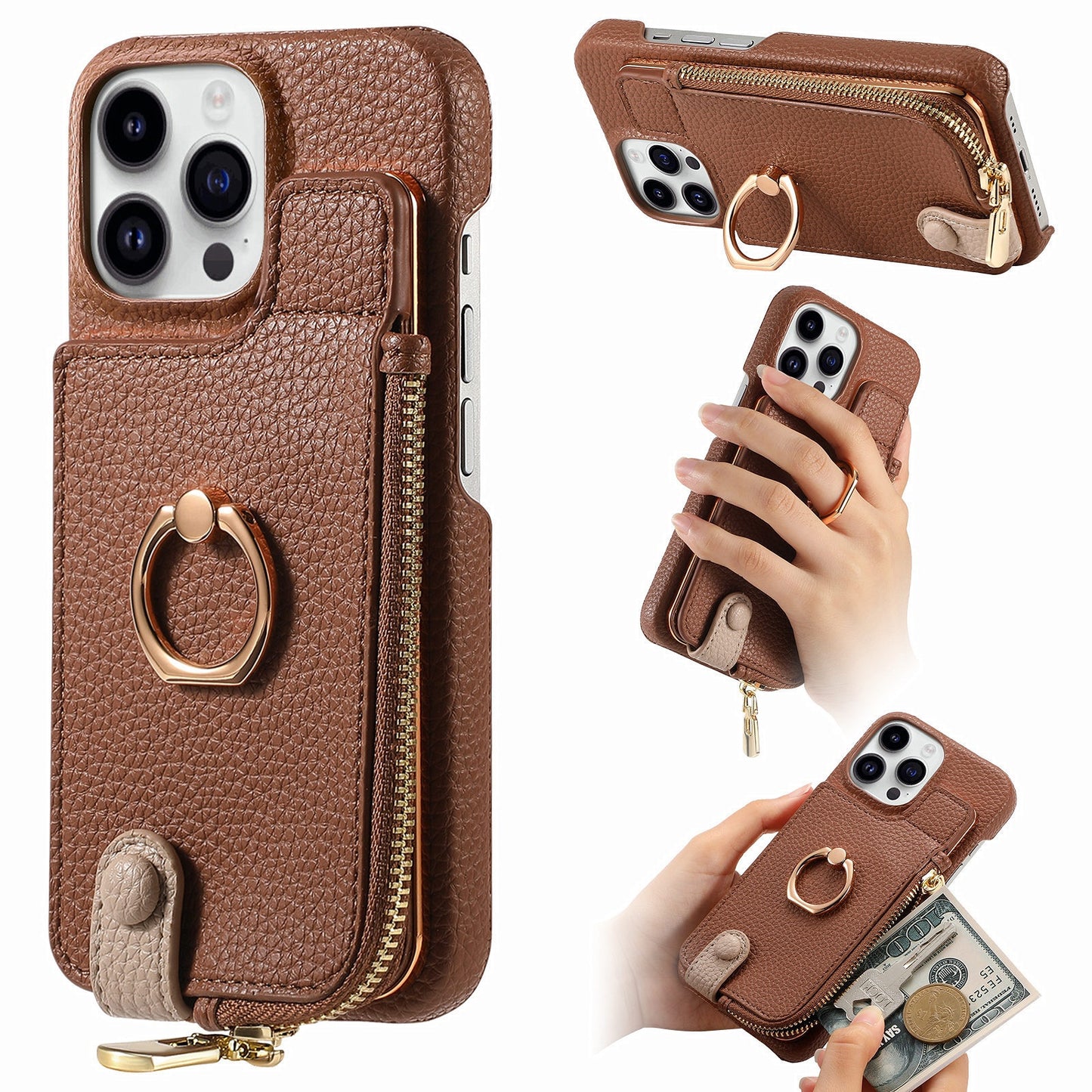 Luxury Leather Wallet Case with Ring Holder & Zipper Pouch | Compatible With iPhone X , iPhone 11, iPhone 12, iPhone 13, iPhone  14, iPhone 15, iPhone 16