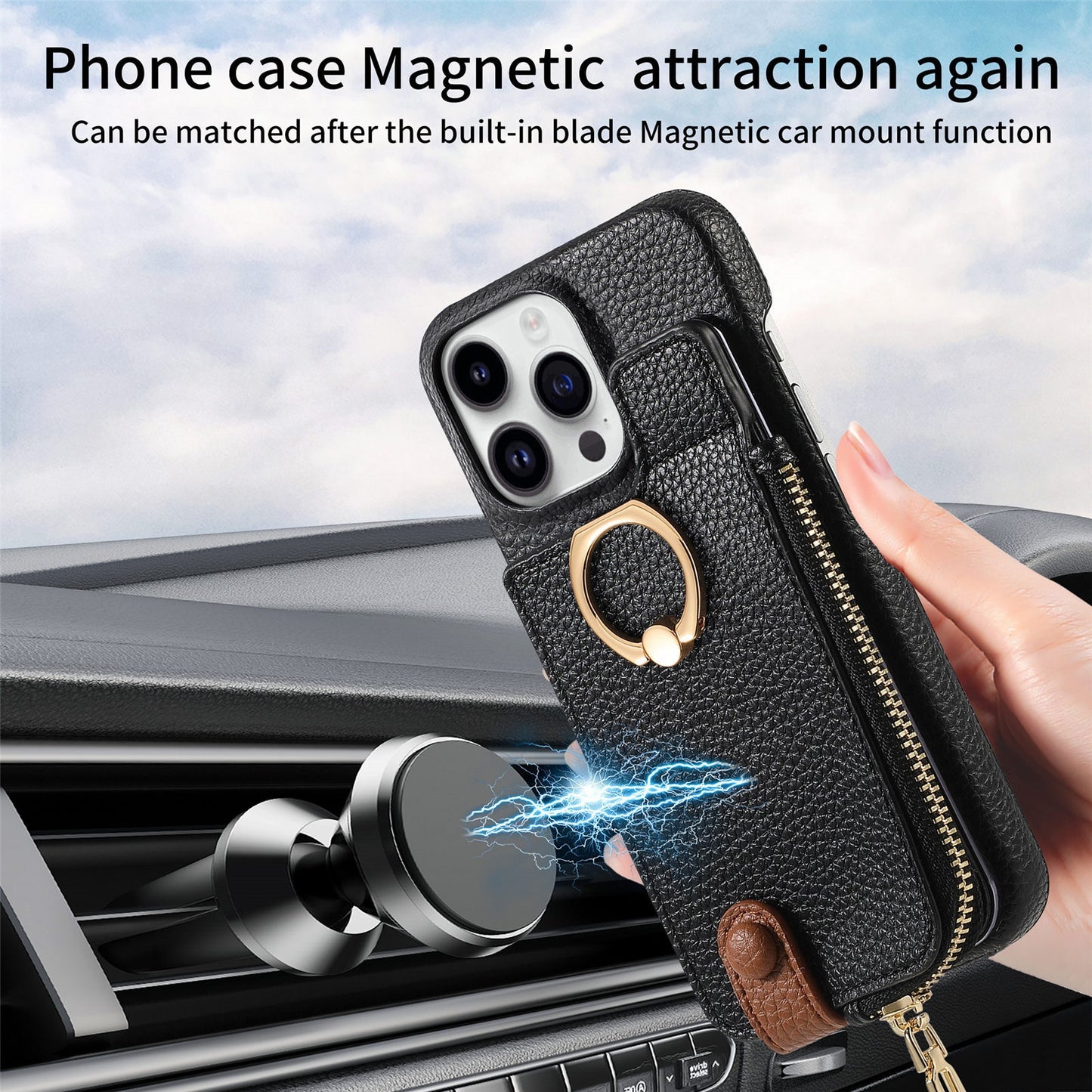 Luxury Leather Wallet Case with Ring Holder & Zipper Pouch | Compatible With iPhone X , iPhone 11, iPhone 12, iPhone 13, iPhone  14, iPhone 15, iPhone 16