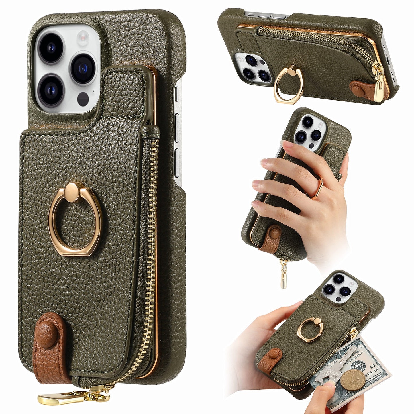 Luxury Leather Wallet Case with Ring Holder & Zipper Pouch | Compatible With iPhone X , iPhone 11, iPhone 12, iPhone 13, iPhone  14, iPhone 15, iPhone 16