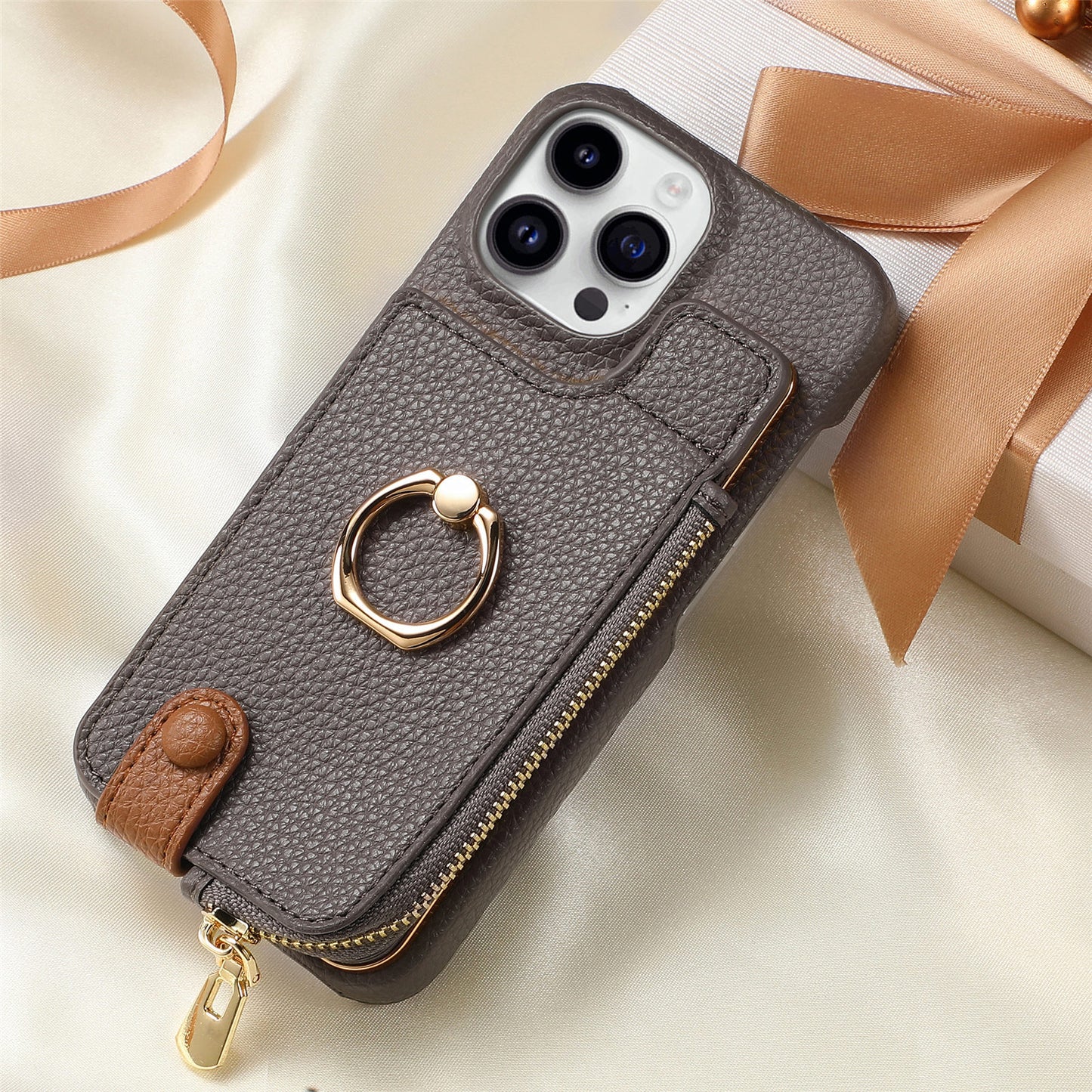 Luxury Leather Wallet Case with Ring Holder & Zipper Pouch | Compatible With iPhone X , iPhone 11, iPhone 12, iPhone 13, iPhone  14, iPhone 15, iPhone 16