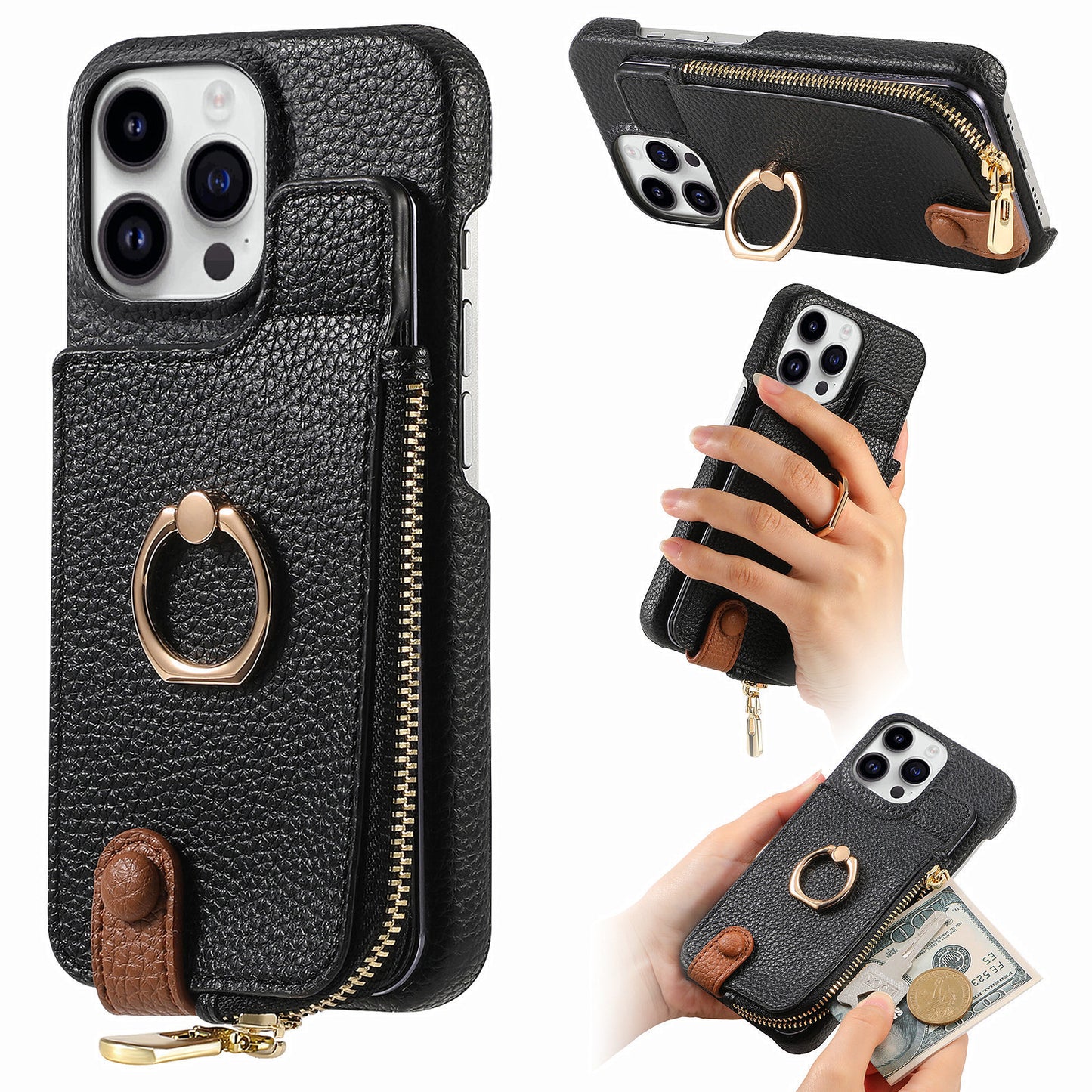 Luxury Leather Wallet Case with Ring Holder & Zipper Pouch | Compatible With iPhone X , iPhone 11, iPhone 12, iPhone 13, iPhone  14, iPhone 15, iPhone 16