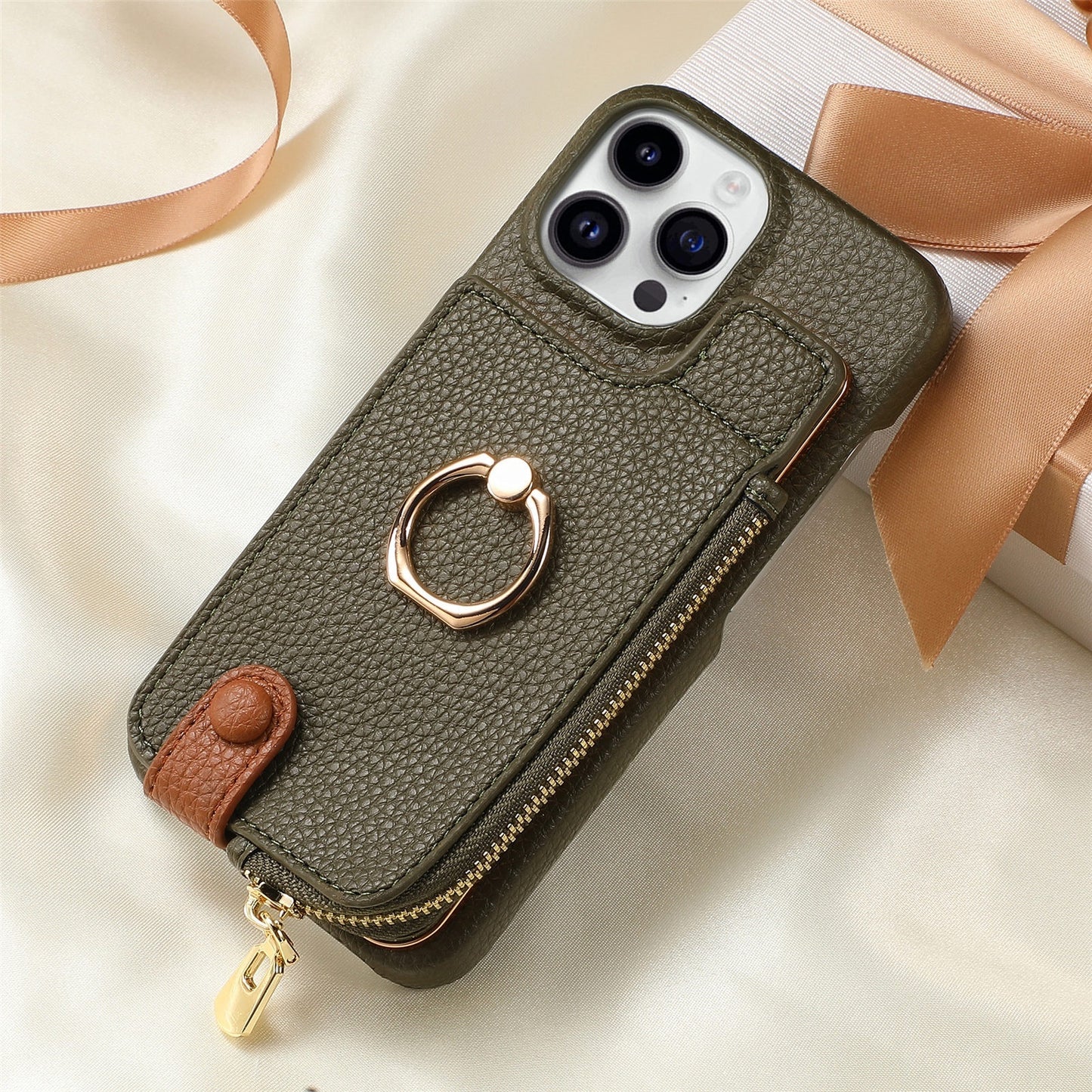 Luxury Leather Wallet Case with Ring Holder & Zipper Pouch | Compatible With iPhone X , iPhone 11, iPhone 12, iPhone 13, iPhone  14, iPhone 15, iPhone 16
